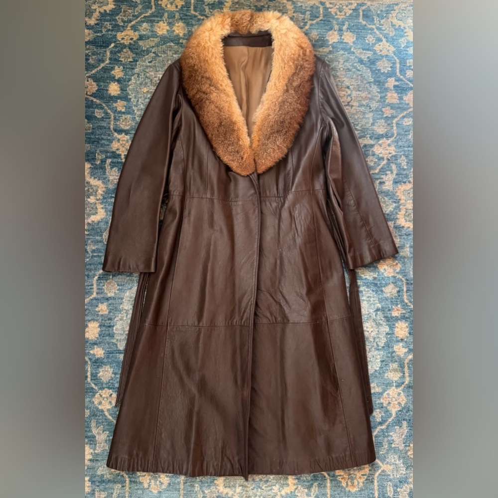 Brown Leather Coat with Fur Collar - Picture 9 of 10